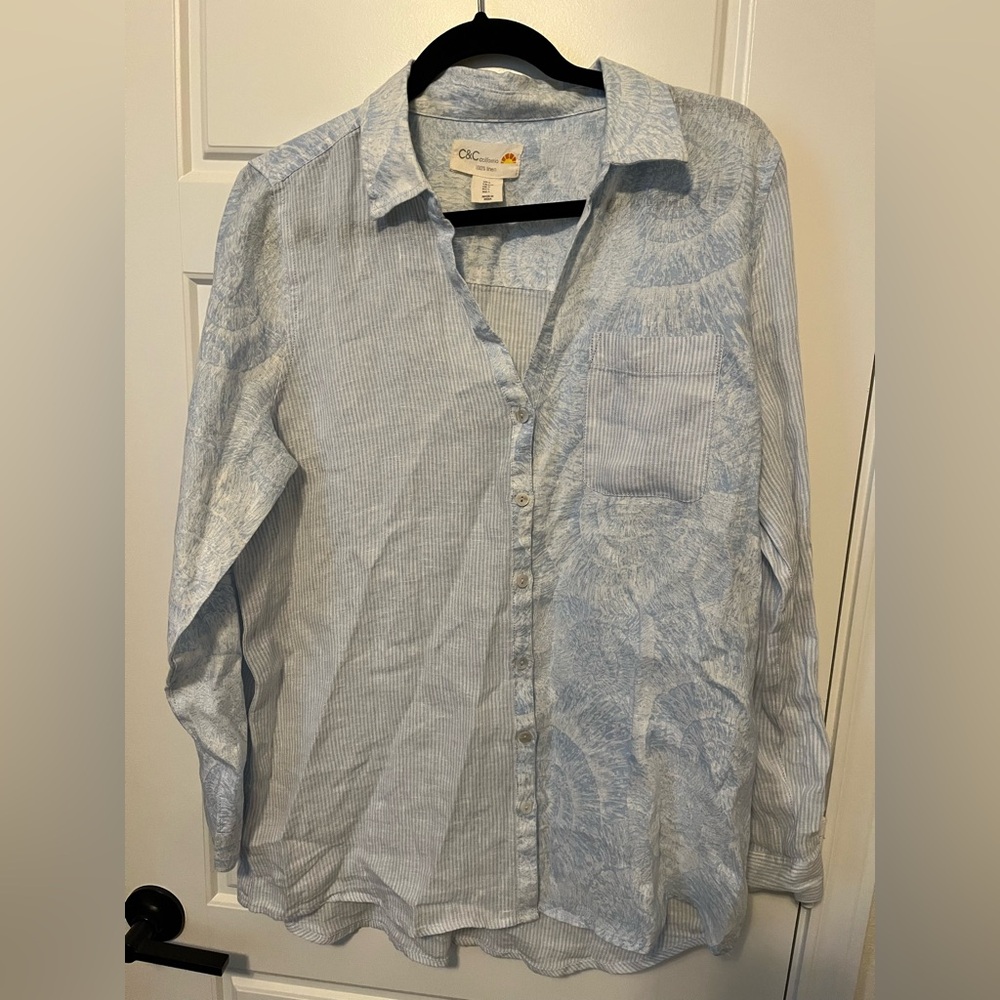 C & C Women’s Button Up Linen Shirt - Large - Blue & White Pattern Stripes
